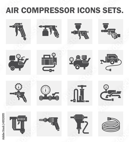 Air compressor icon. Consist of spray gun or airbrush for auto paint repair. Including with pressure tank, bicycle pump, air blow gun, pressure gauge, pneumatic staple, drilling tool, jack hammer etc.