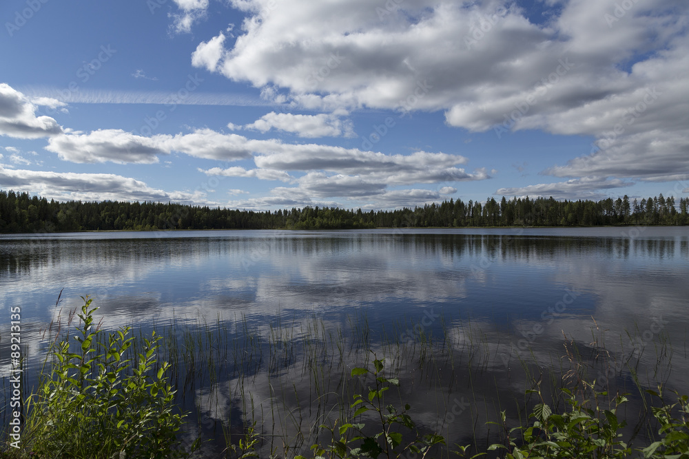 A fishing lake in the wilderness of north sweden with reflections from the sky