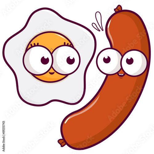 Egg and sausage cartoon characters. Vector illustration