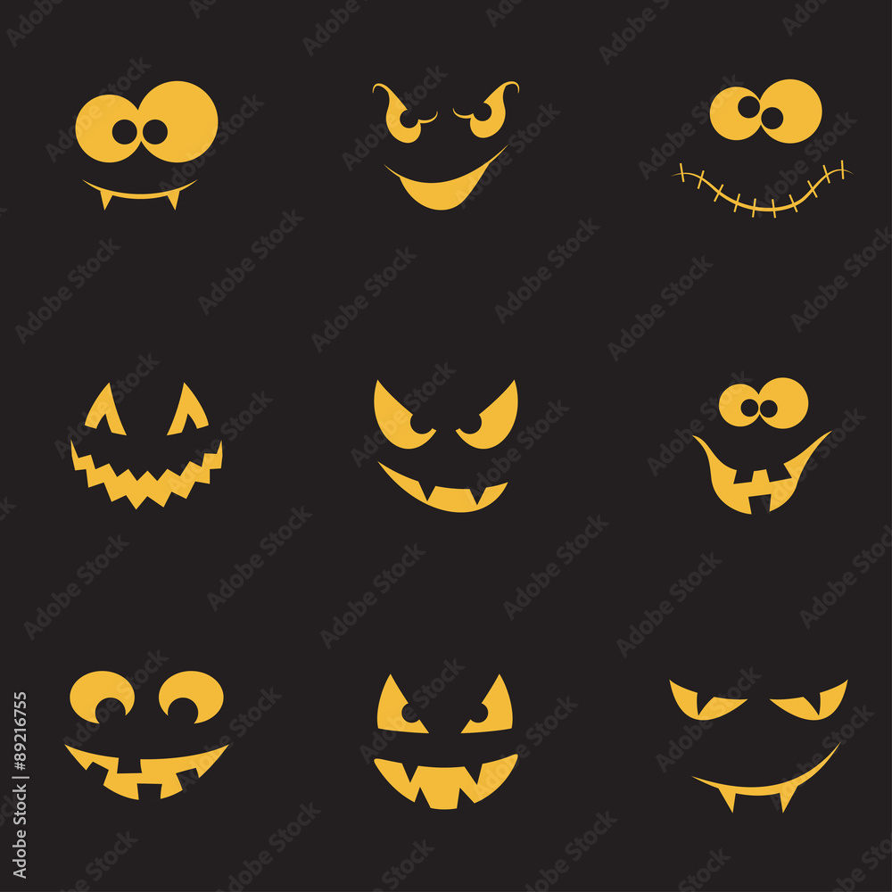 Set of spooky and crazy pumpkins, ghosts and monsters faces in the dark for Halloween design Set of spooky and crazy pumpkins, ghosts and monsters faces in the dark for Halloween design