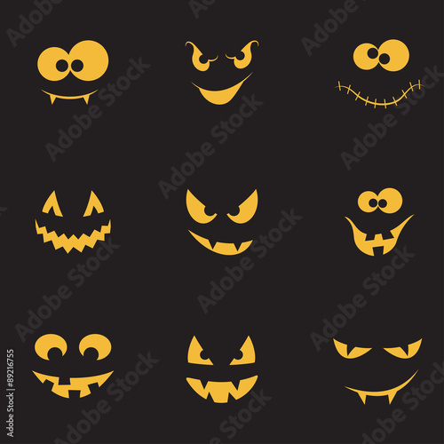 Set of spooky and crazy pumpkins, ghosts and monsters faces in the dark for Halloween design