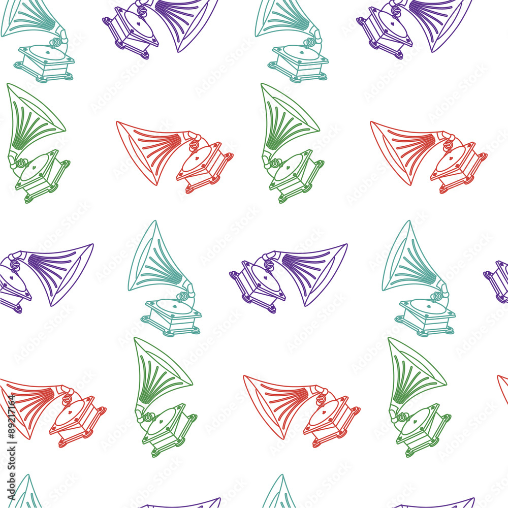 Obraz premium Vector seamless hand-drawn pattern with old gramophone