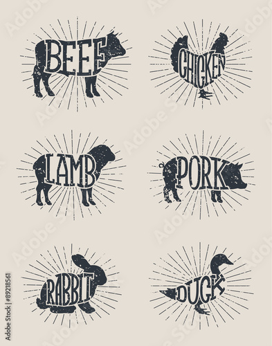 Typographic Farm Enimals Icons and Meat Labels
