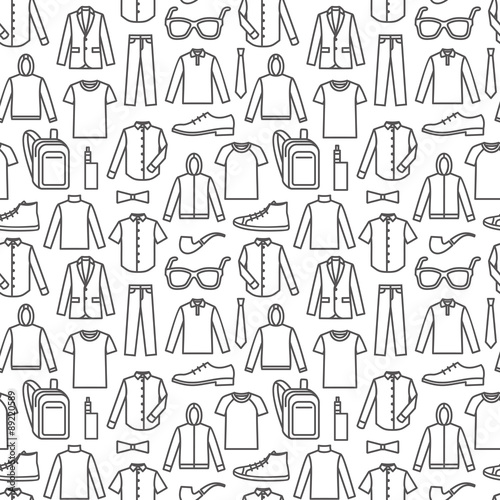 Endless clothes background. Vector seamless pattern of men s clothes and accessories. Dark print on white background