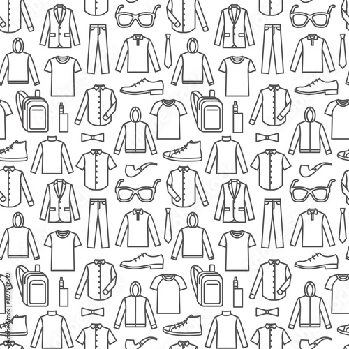 Endless clothes background. Vector seamless pattern of men's clothes and accessories. Dark print on white background