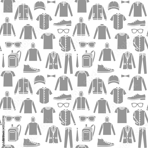 Endless  background. Vector seamless pattern of men s clothes and accessories. Gray print on white background