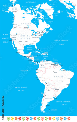 North and South America map - highly detailed vector illustration.