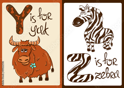 Children Alphabet with Funny Animals Yak and Zebra.