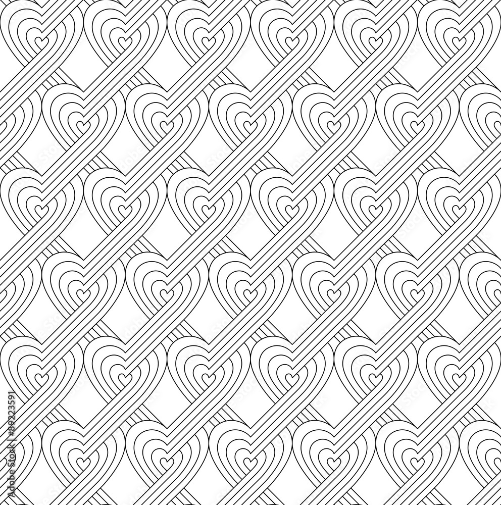 Vector Seamless Pattern. Ornamental Pattern made of Hearts with Parallel Intertwined Lines.