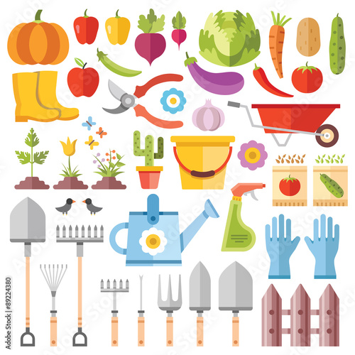 Gardening tools, horticultural activities, gardening ideas flat icons set