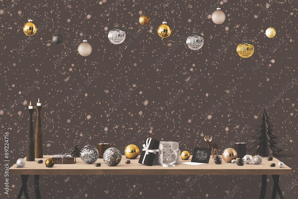 Naklejka premium Christmas mockup - table with different items, hanging decoration balls and snow