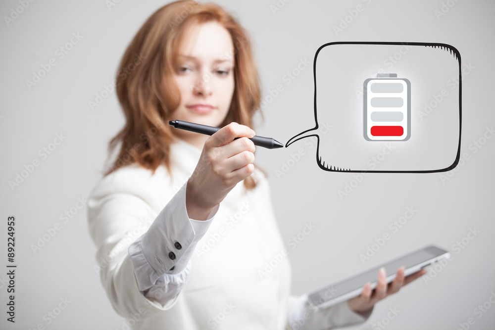 Woman holding tablet and pen, battery level icon Woman holding tablet and pen, battery level icon