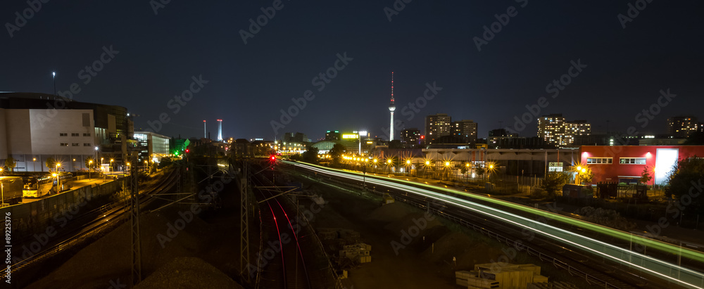 Fototapeta premium alexanderplatz berlin germany night train traffic