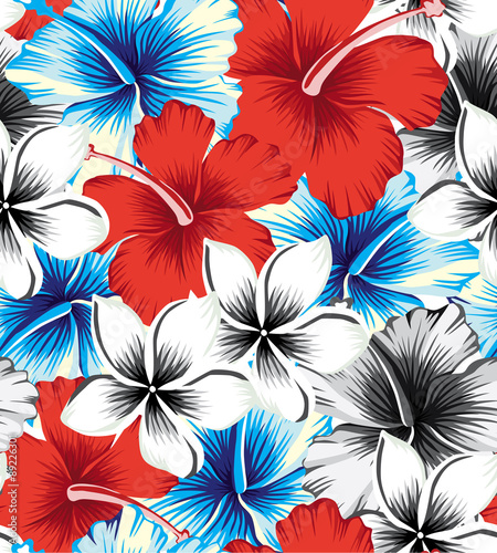 hibiscus red and blue seamless background