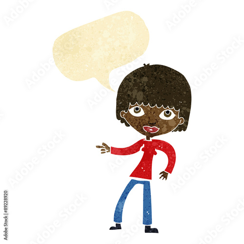 cartoon woman pointing with speech bubble