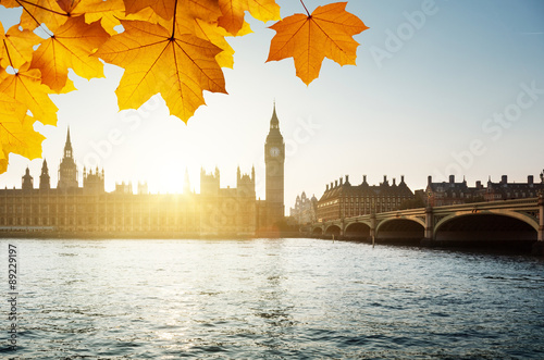 autumn leaves and Big Ben, London