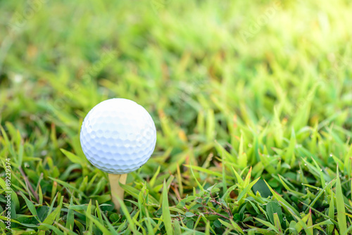 Golf ball with tee on early moning sun light. photo