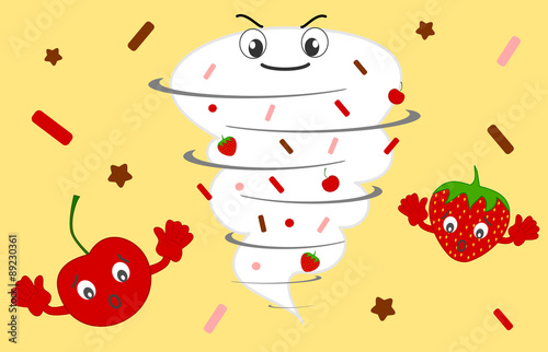 twister tornado cartoon whipped cream with cherry and strawberry funny vector illustration