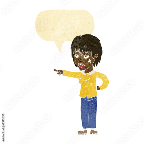 cartoon woman pointing with speech bubble