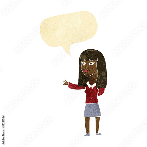 cartoon woman gesturing to show something with speech bubble