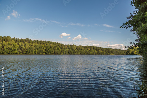 The riverbank is overgrown deciduous and coniferous forest on a background of clouds. Water landscape. photo