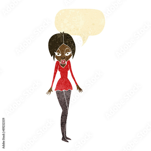 cartoon woman in short dress with speech bubble