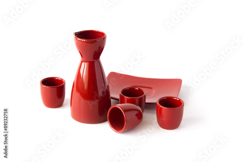 Red ceramic japanese sake set - a jug, a plate and four cups - i