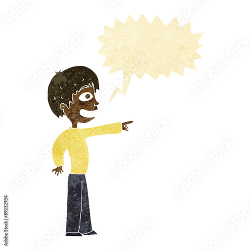 cartoon grinning boy pointing with speech bubble