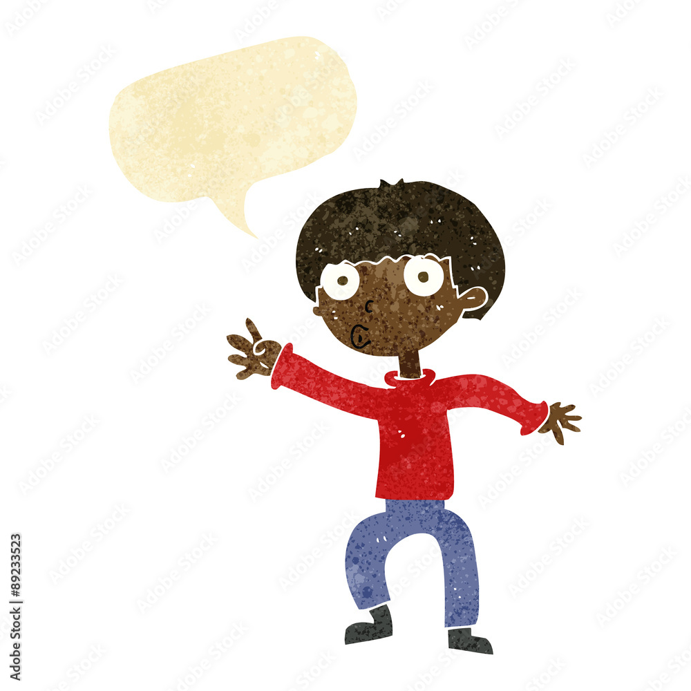 cartoon boy waving warning with speech bubble cartoon boy waving warning with speech bubble