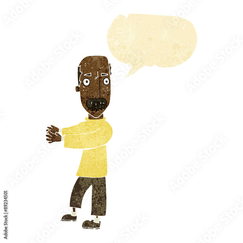 cartoon balding man explaining with speech bubble
