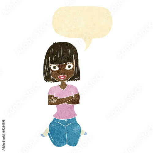 cartoon woman kneeling with speech bubble