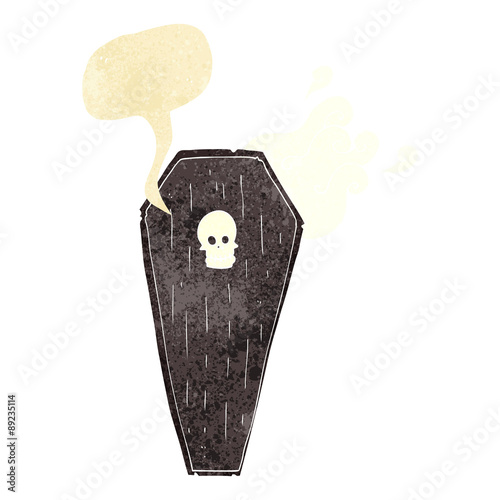 spooky cartoon coffin with speech bubble