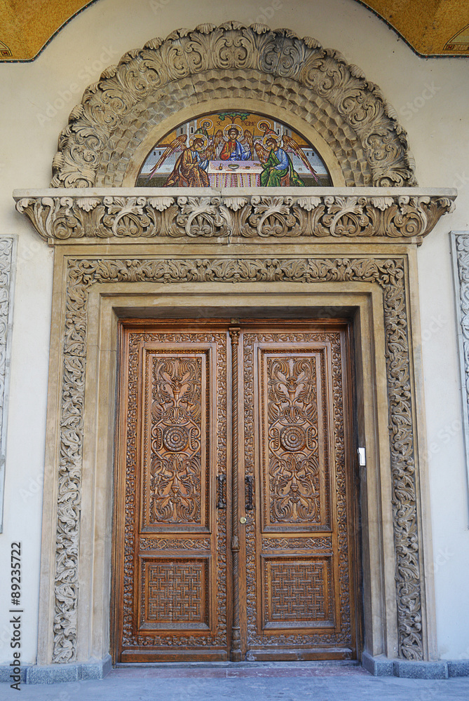 Carved wooden door at Romanian Patriarchate, Bucharest, Romania