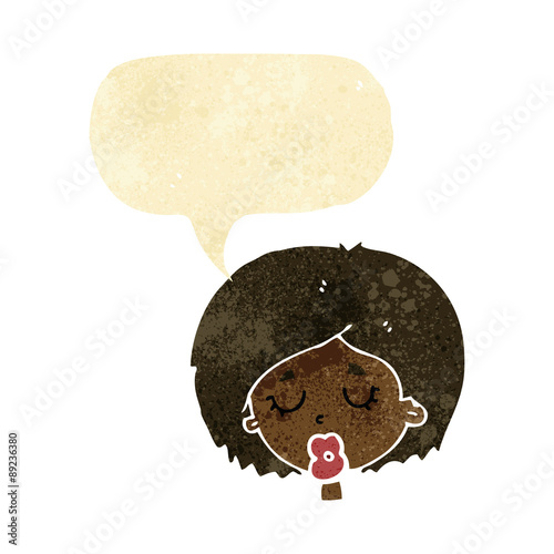 cartoon woman with eyes closed with speech bubble