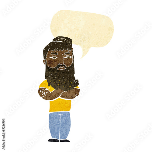 cartoon serious man with beard with speech bubble