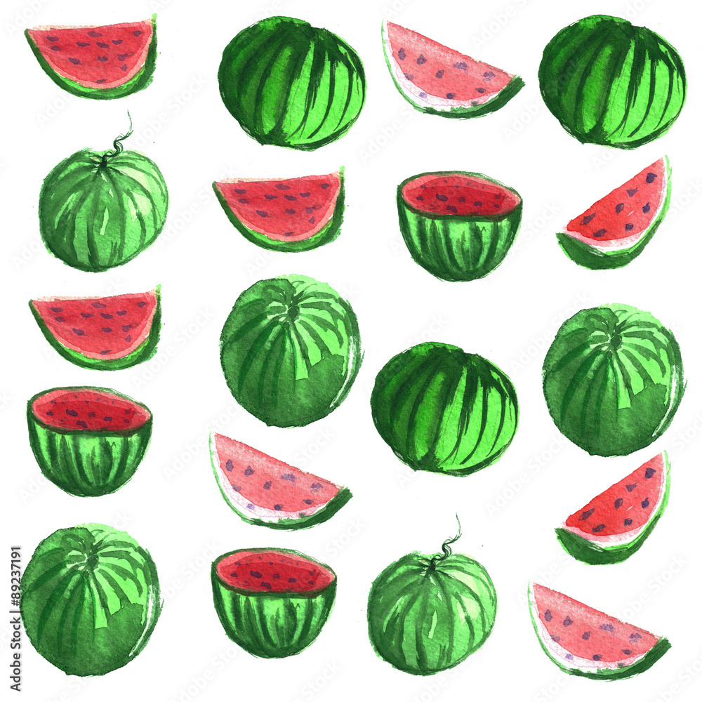 Hand drawn water color illustration set of water melons. Hand drawn water color illustration set of water melons.