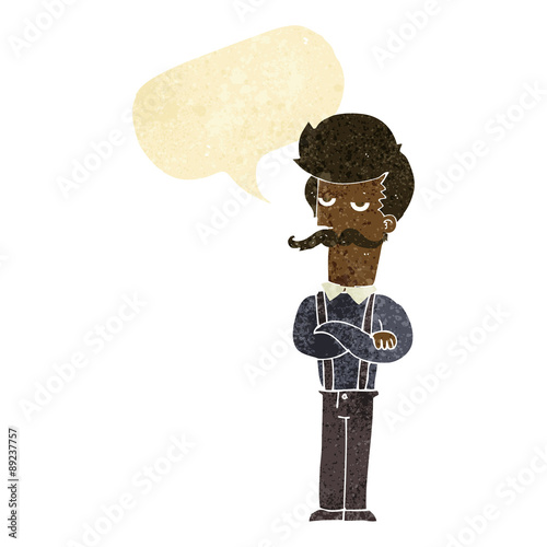 cartoon man with mustache with speech bubble