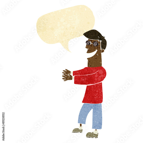 cartoon grinning man wearing glasses with speech bubble