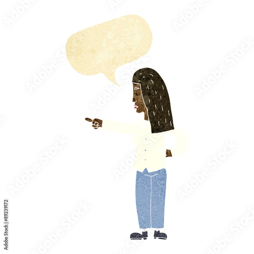 cartoon woman pointing with speech bubble