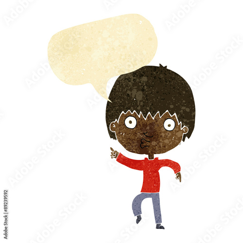 cartoon impressed boy pointing with speech bubble