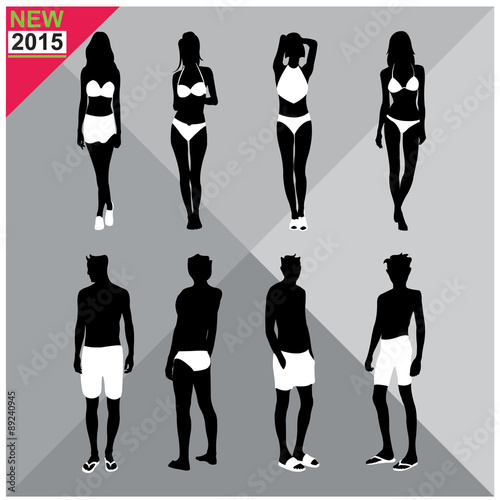 Beachwear / Swimwear swimsuits summer attire women men black silhouettes with white cloths on top,totally editable,set,collection