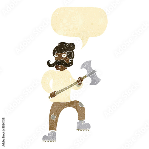 cartoon man with axe with speech bubble