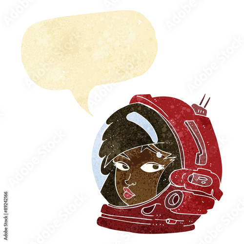 cartoon female astronaut with speech bubble