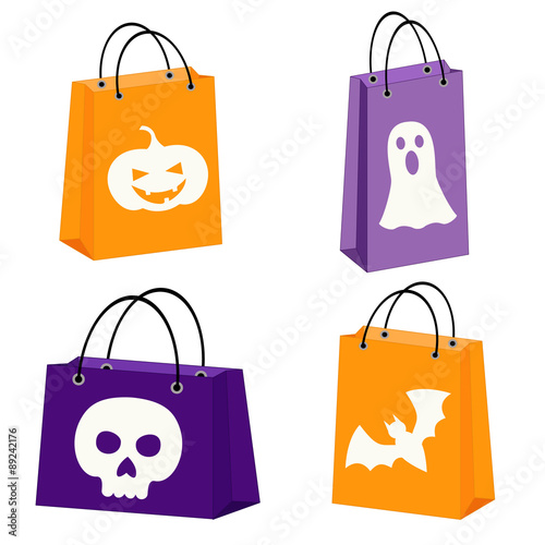 set of four Halloween bags with images of a bat, sull, jack-o-lantern and a ghost