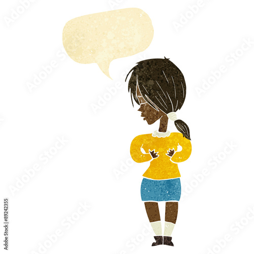 cartoon shy woman with speech bubble