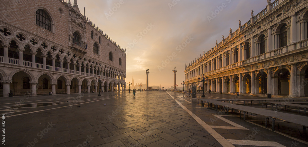 VENICE; NOVEMBER 4:  Early view of historical square of San Marco in the lagoon city of Venice in Italy. The city is getting ready for high tide.