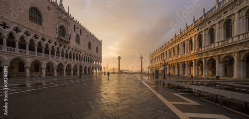 VENICE; NOVEMBER 4: Early view of historical square of San Marco in the lagoon city of Venice in Italy. The city is getting ready for high tide.