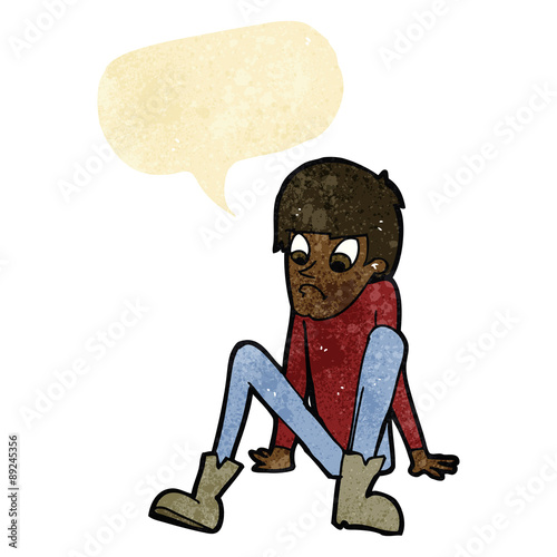 cartoon boy sitting on floor with speech bubble