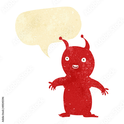 cartoon happy little alien with speech bubble
