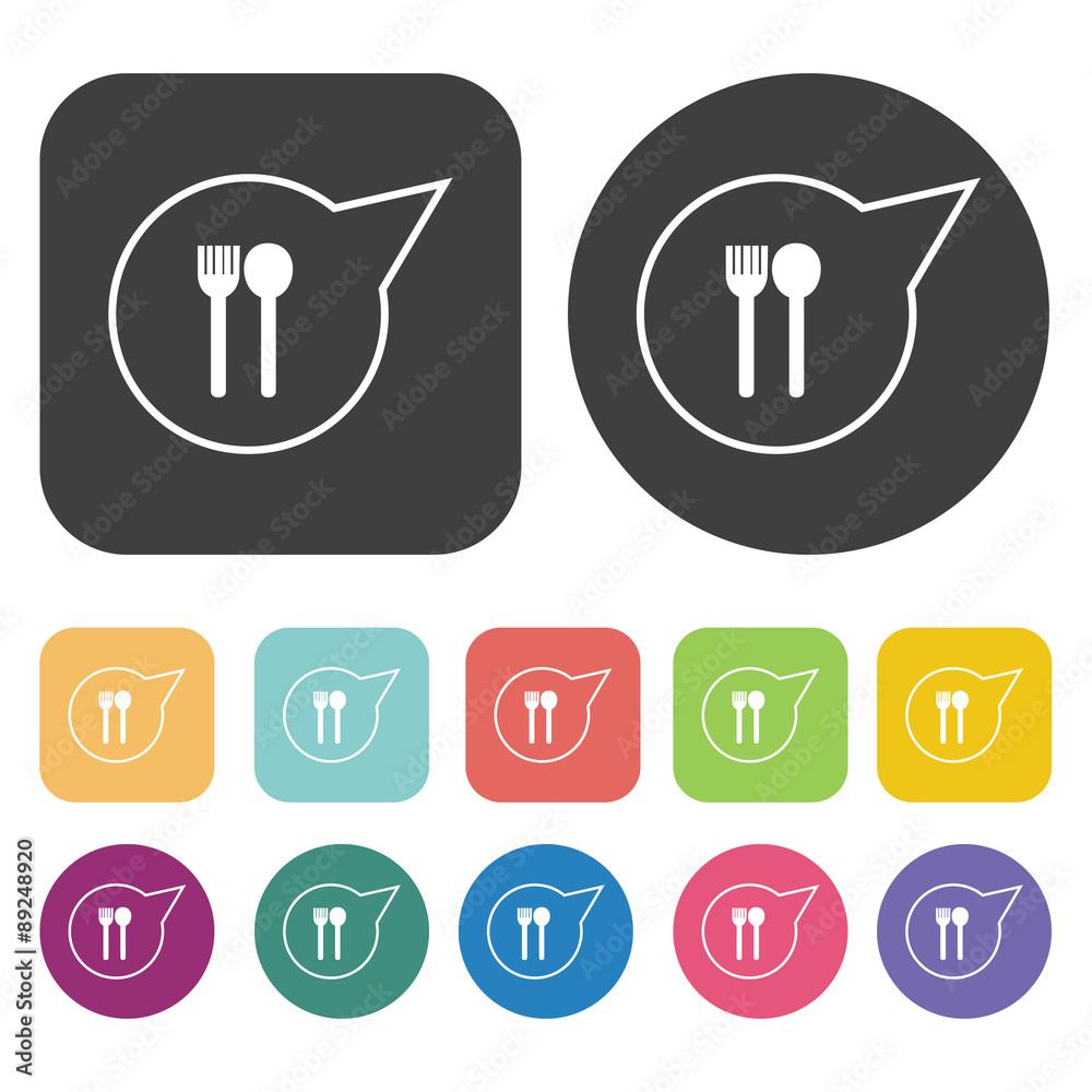 Fork and spoon on pin or dinner location icons set. Vector Illus Fork and spoon on pin or dinner location icons set. Vector Illus